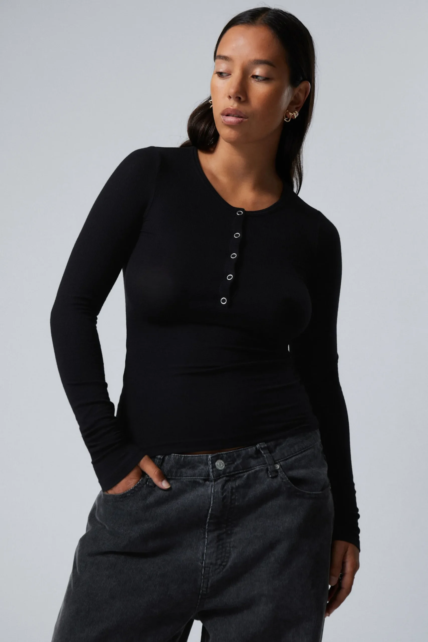 Weekday SHEER RIB LONG SLEEVE HENLEY TOP>Women Basics|Tops